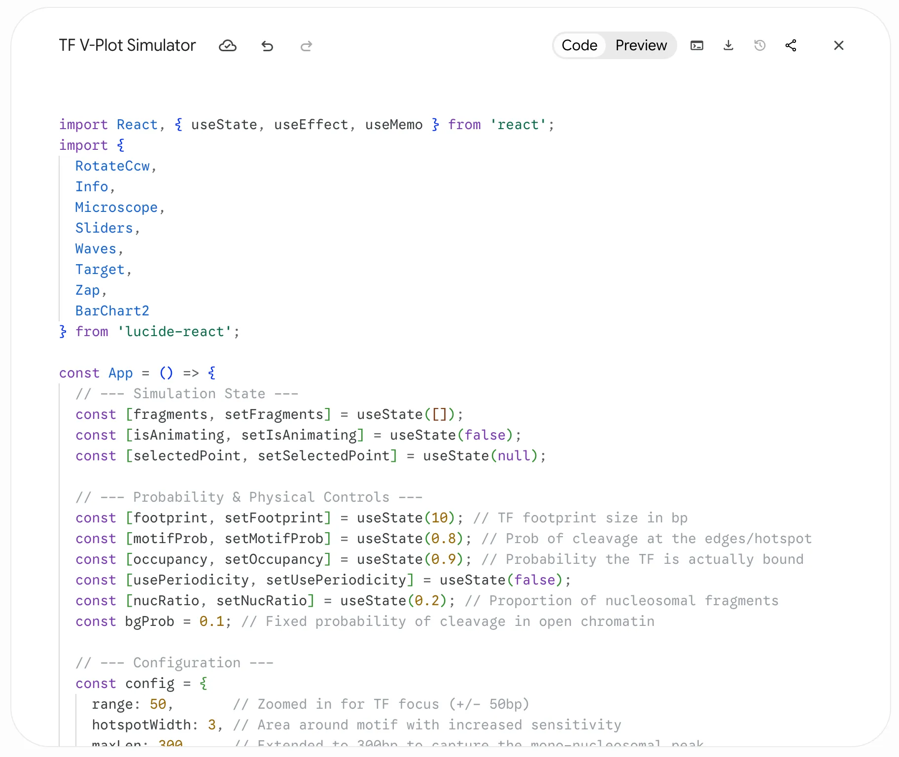 Screenshot from Gemini Canvas mode with the code for the app